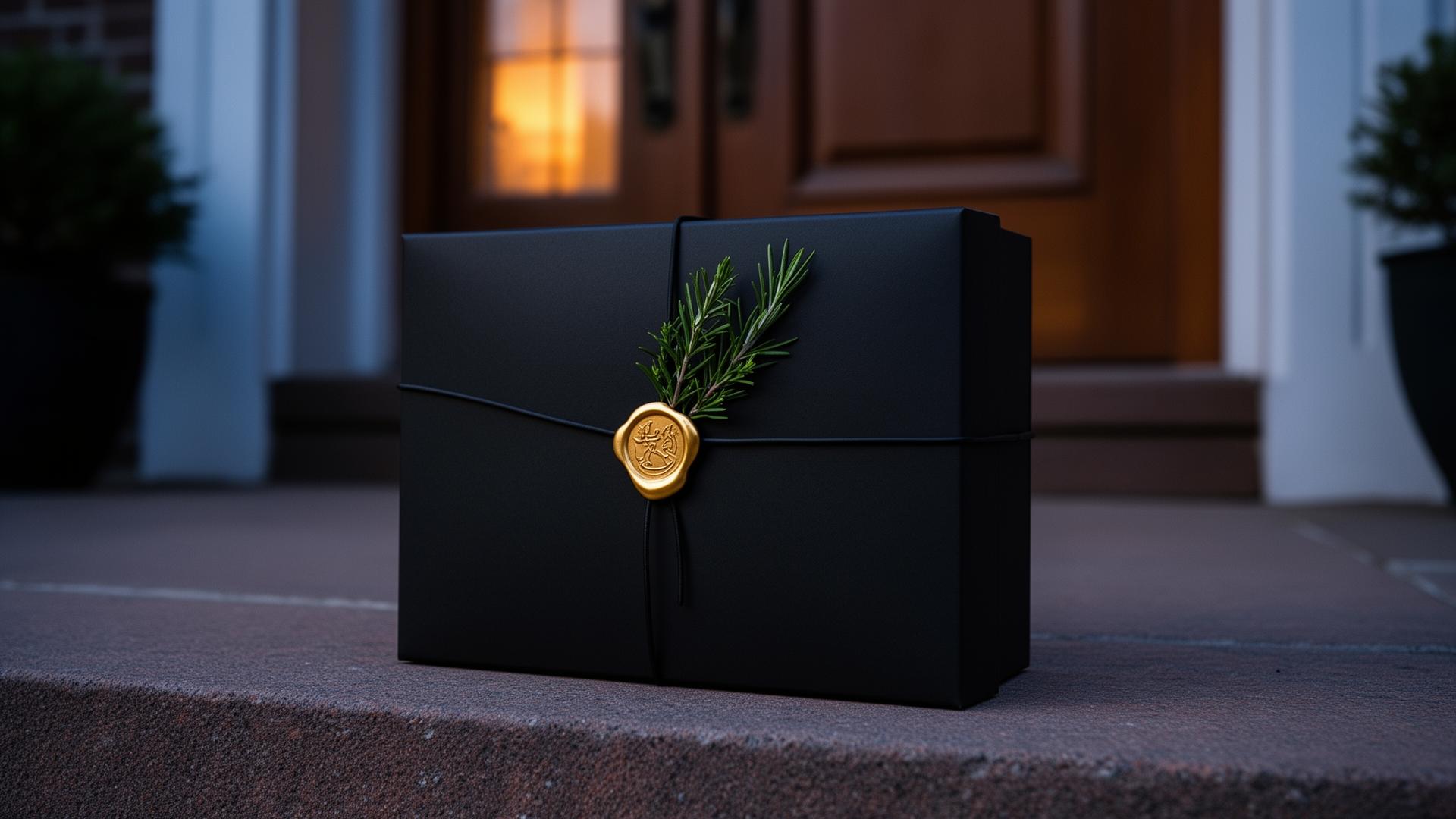Matte black delivery box with brass wax seal