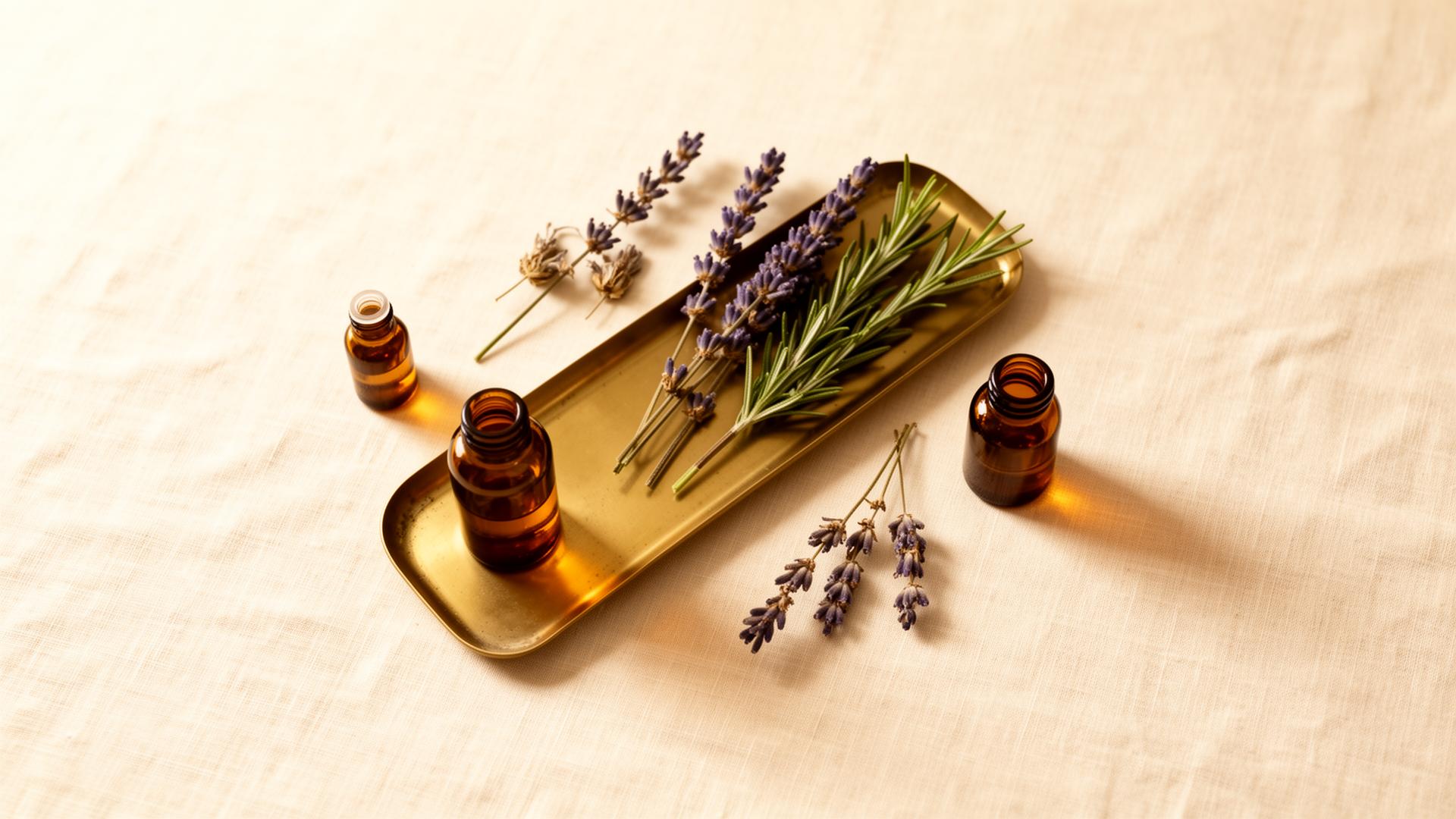 Brass tray with apothecary glass and dried botanicals