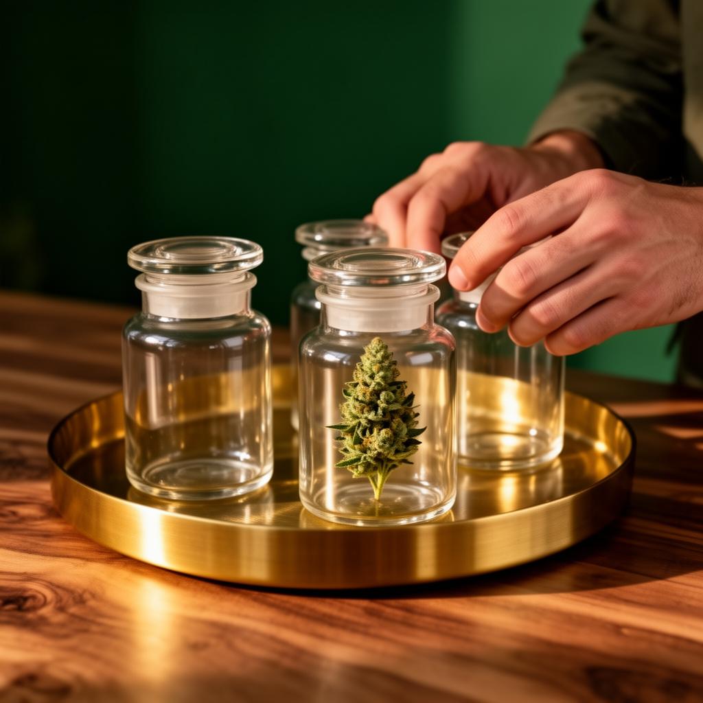 Curator's hands arranging glass jars on a brass tray