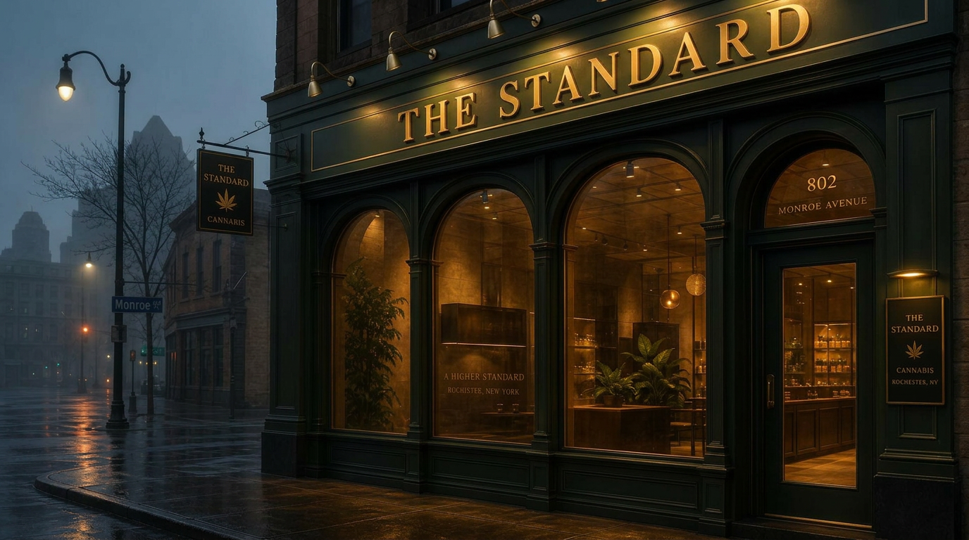 The Standard storefront on Monroe Avenue at blue hour, brass wordmark sign illuminated